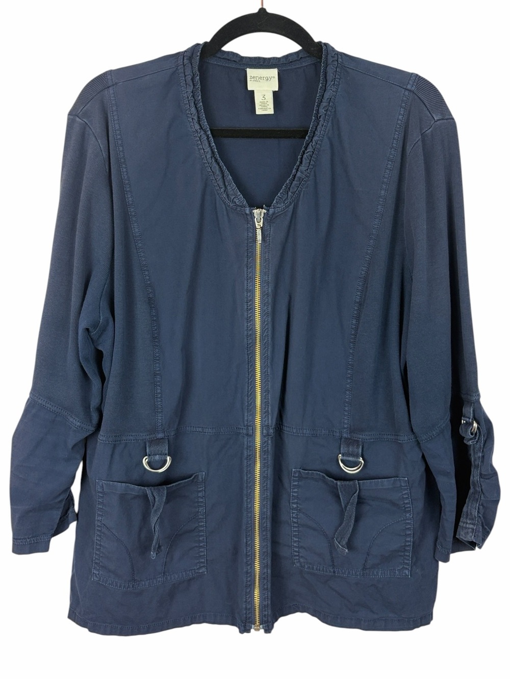 Chico’s Zenergy Zip Front Jacket Size 3 XL Blue Cotton Stretch Utility